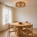 Dining room angle | natural rope drum flush mount above a pale oak table from a lower corner