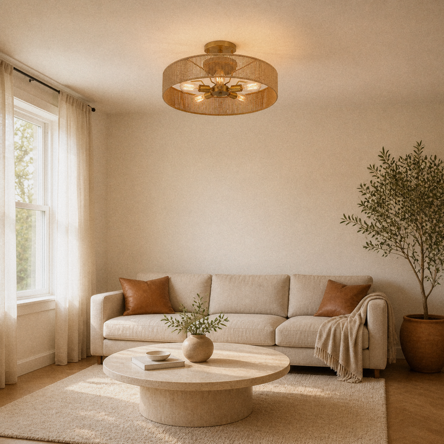 Living room | natural rope drum flush mount above a round coffee table