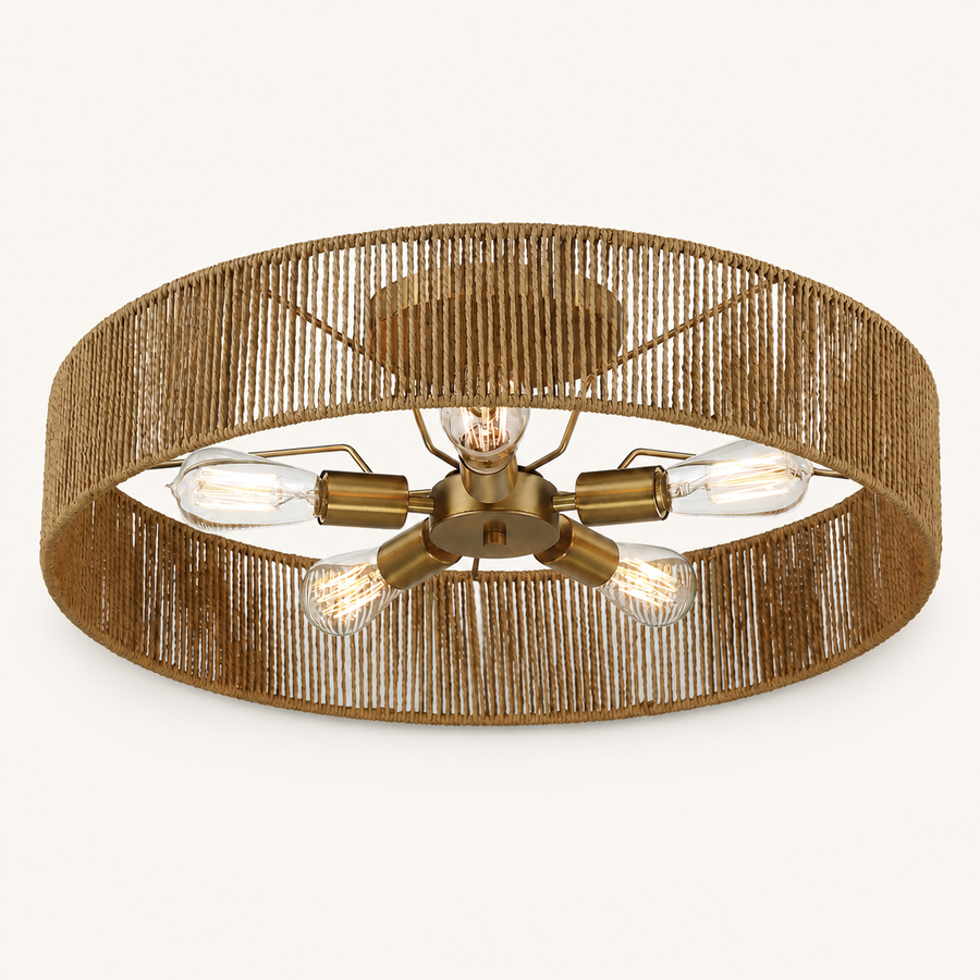 Front | studio front of the natural rope drum, brass hub, and five clear bulbs
