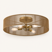 Side profile | natural rope drum depth, brass canopy, and five exposed bulbs