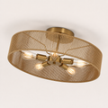 Three-quarter | elevated studio view of the rope drum, brass canopy, and five bulbs