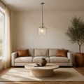 In a room | the pendant over a travertine coffee table in a warm living room