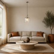 In a room | the pendant over a travertine coffee table in a warm living room