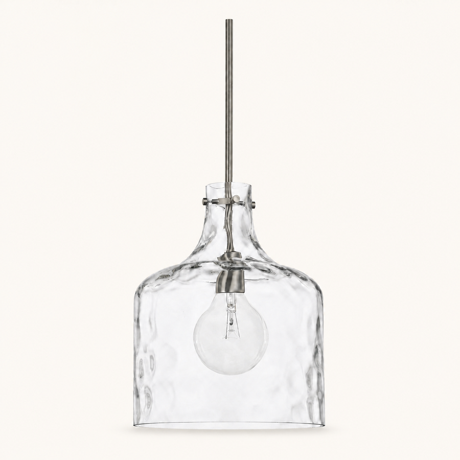 Front | studio front of the clear hammered glass bell and brushed nickel rod