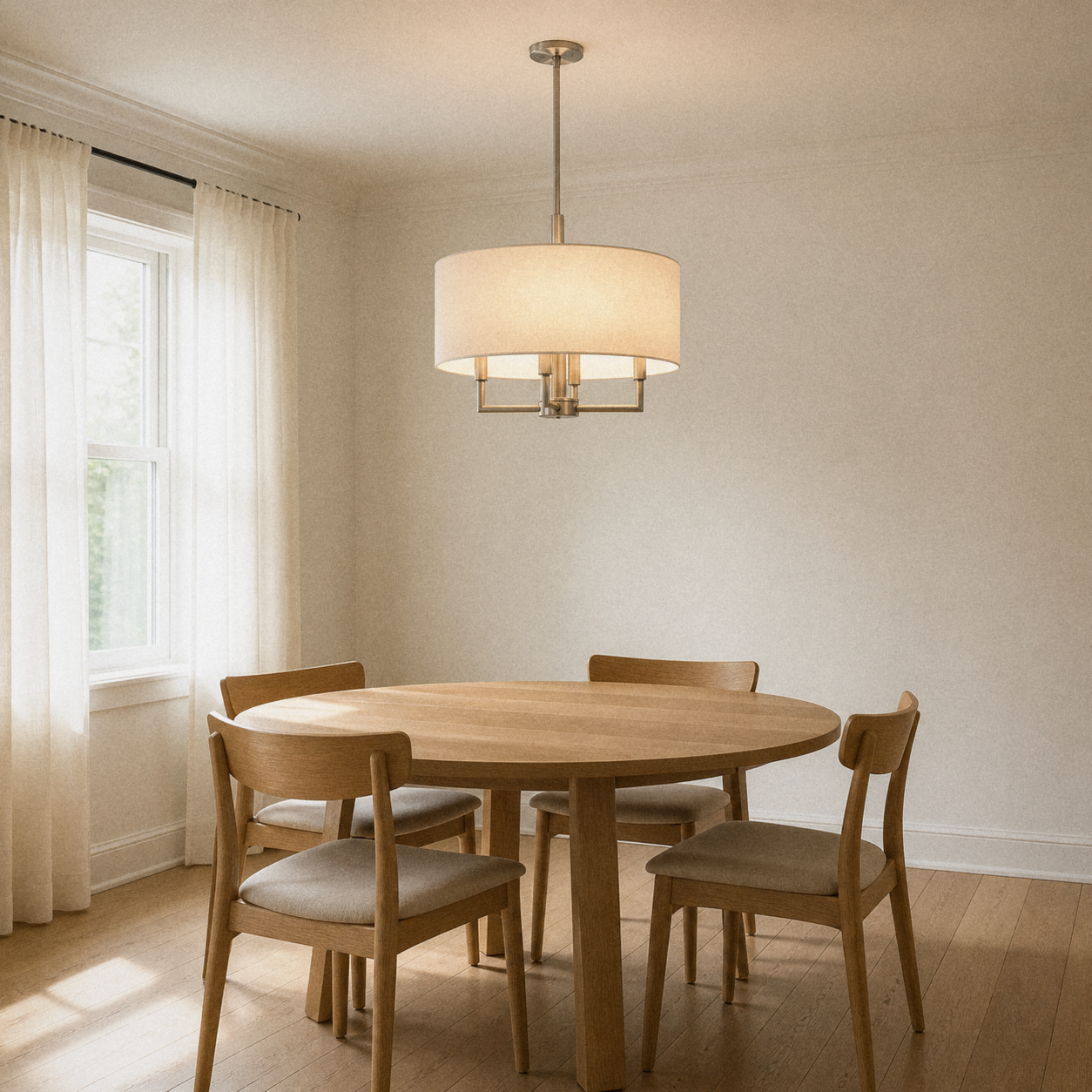 Dining room | off-white linen-blend drum chandelier with a brushed nickel frame over a round pale-oak table