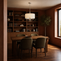 Library dining room | off-white linen-blend drum chandelier in a terracotta room above a dark walnut table