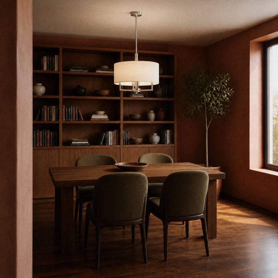 Library dining room | off-white linen-blend drum chandelier in a terracotta room above a dark walnut table