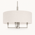 Studio | front view of the off-white linen-blend drum, brushed nickel arms, rigid downrod, and canopy