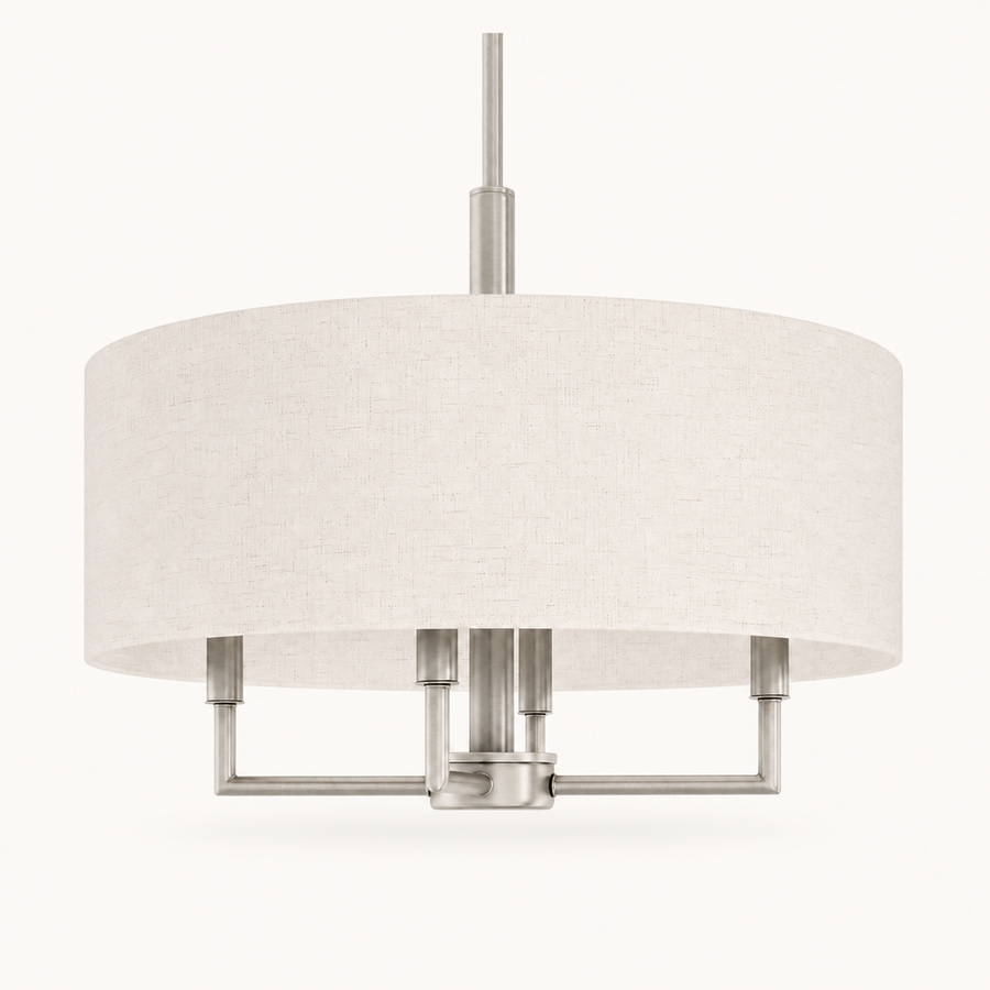 Studio | front view of the off-white linen-blend drum, brushed nickel arms, rigid downrod, and canopy