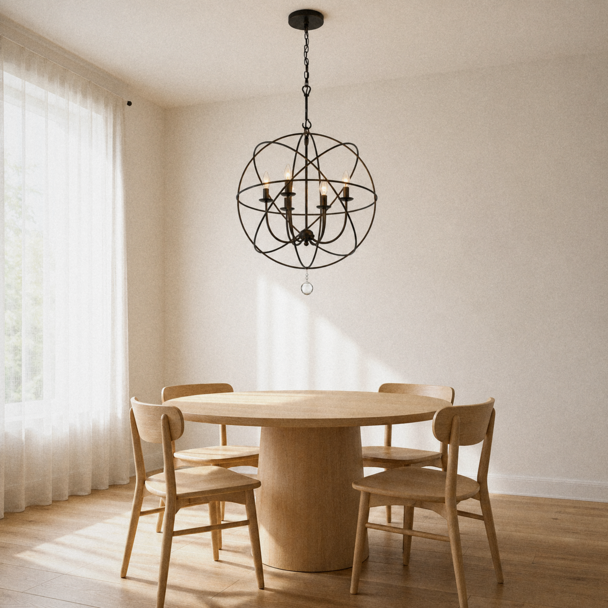 Dining room | English Bronze six-light globe chandelier over a pale oak table