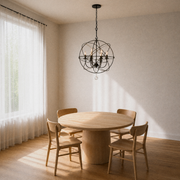 Dining room angle | English Bronze globe chandelier from a higher corner view over a pale oak table