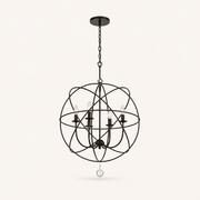 Front | English Bronze open globe chandelier with six clear flame bulbs and a crystal drop