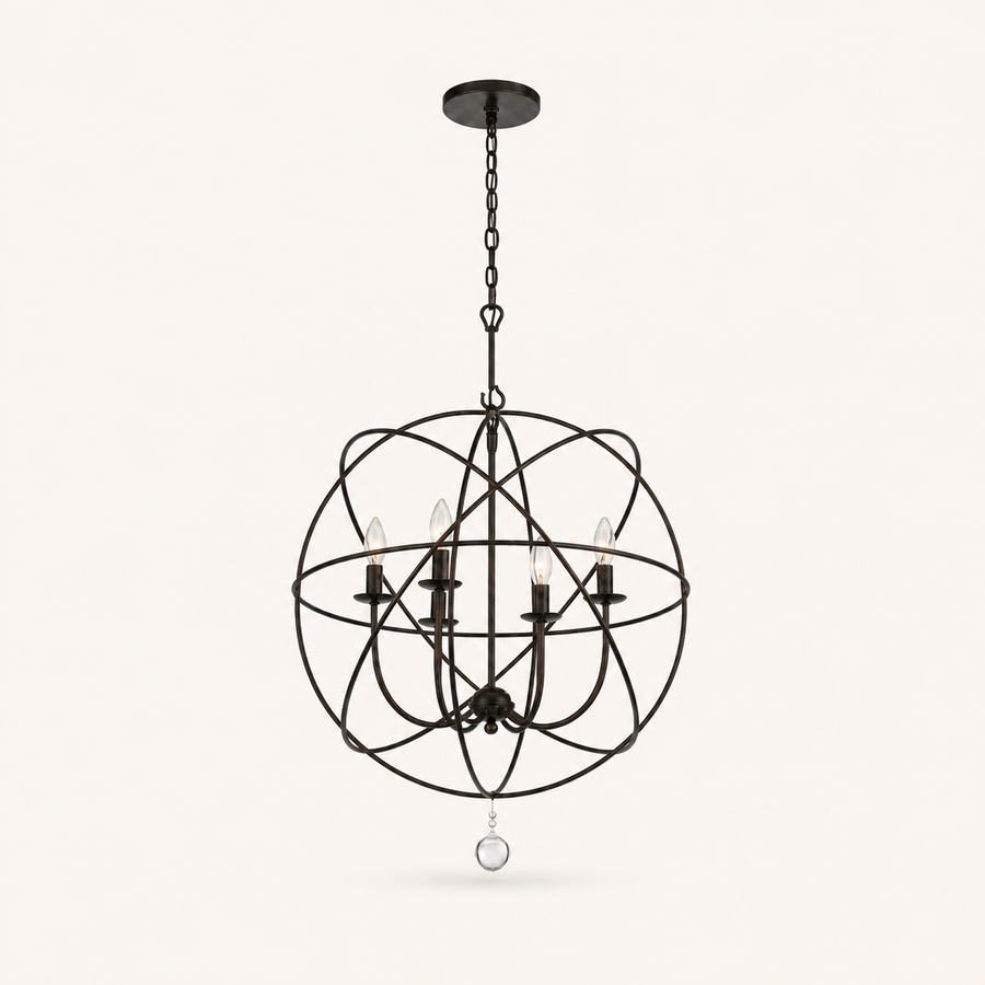 Front | English Bronze open globe chandelier with six clear flame bulbs and a crystal drop