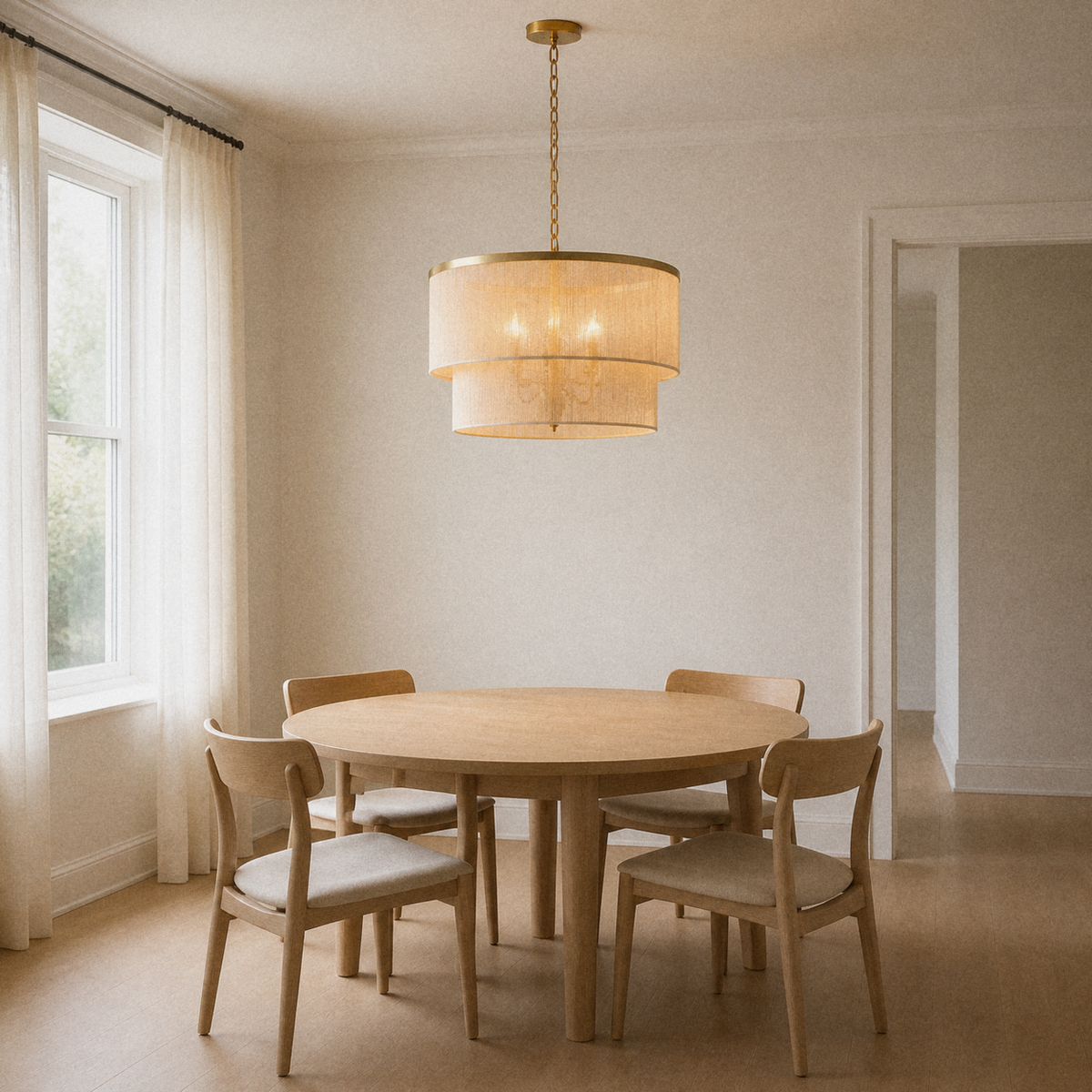 Room | Cigogne satin brass two-tier drum chandelier above a dining table