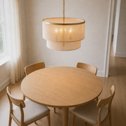 Angle | Cigogne satin brass two-tier drum chandelier from an angle