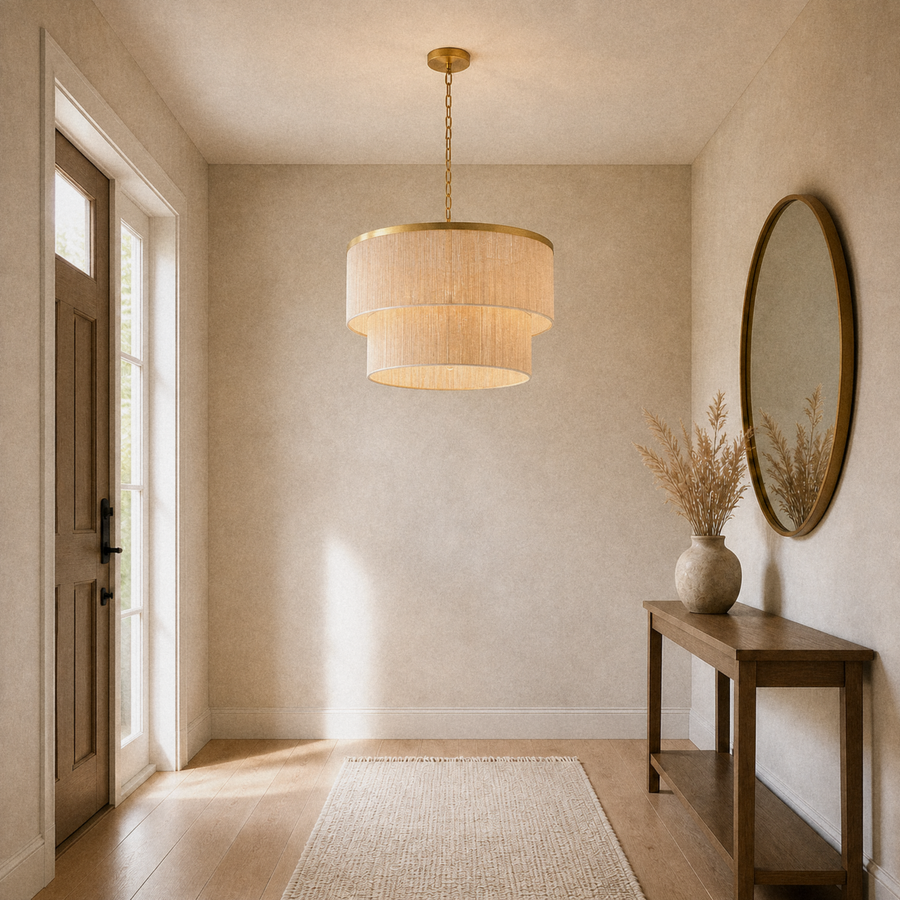 Entry | Cigogne satin brass two-tier drum chandelier in an entryway