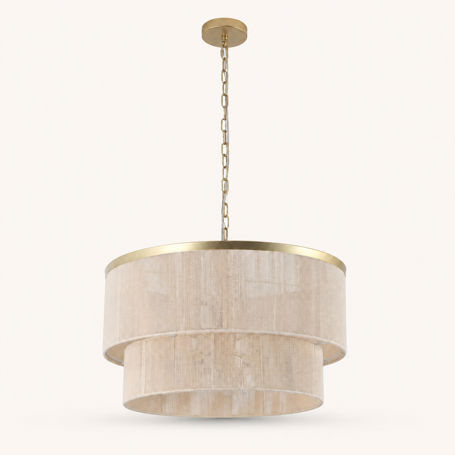 Front | Cigogne satin brass two-tier drum chandelier front view