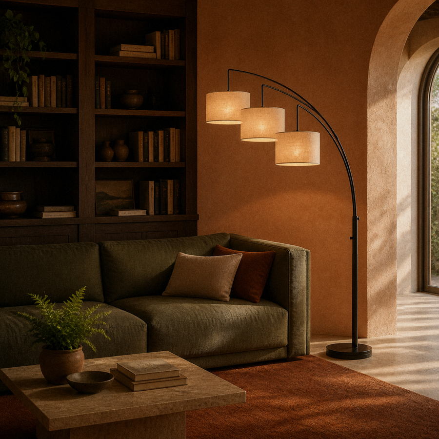 In a room | marnau Creizic 3-Light Tree Floor Lamp in a terracotta library living room