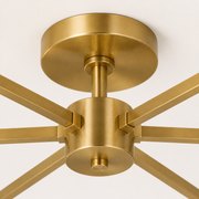 Hardware | close view of the round brushed brass canopy, short downrod, and central hub