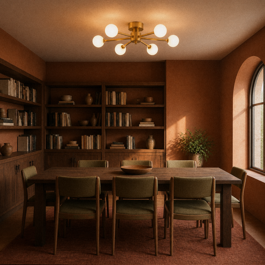 In a room | brushed brass six-globe semi-flush fixture in a terracotta library dining room