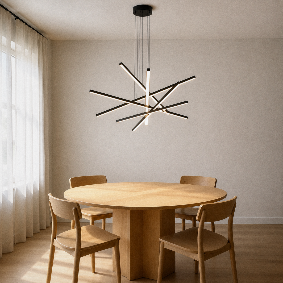 In a warm dining room | matte black six-bar integrated LED chandelier above a pale oak round table