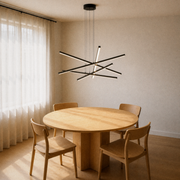 Second dining-room angle | matte black six-bar integrated LED chandelier over a pale oak table