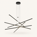 Front | complete matte black six-bar integrated LED chandelier with round canopy and suspension cables