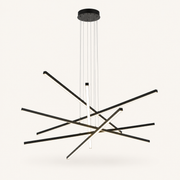 Front | complete matte black six-bar integrated LED chandelier with round canopy and suspension cables