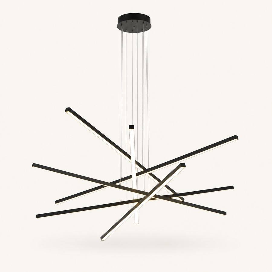 Front | complete matte black six-bar integrated LED chandelier with round canopy and suspension cables