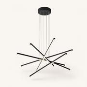 Oblique view | six matte black integrated LED bars, round canopy, and cable depth