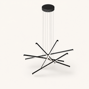 High angle | six matte black integrated LED bars and round canopy on a clean studio background