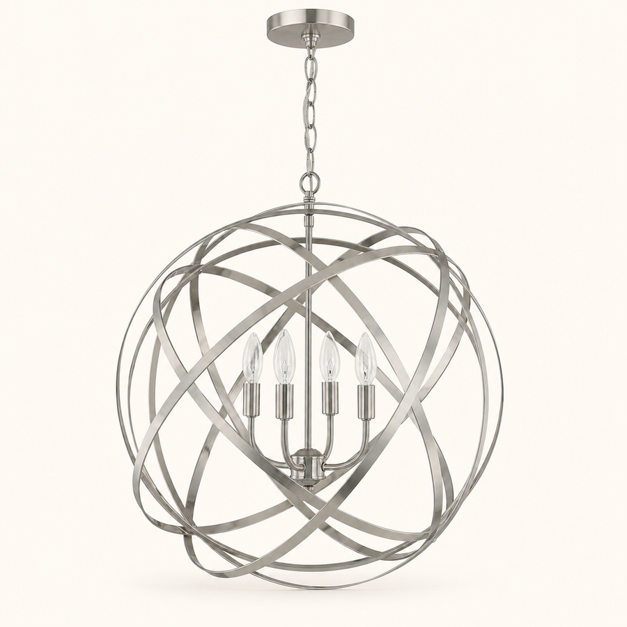 Studio | Front view of the open brushed nickel ring globe with four candle lights