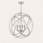 Studio | Side view of the open crossed rings, candle arms, chain, and canopy
