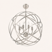 Studio | Low view into the open globe, candle arms, chain, and canopy