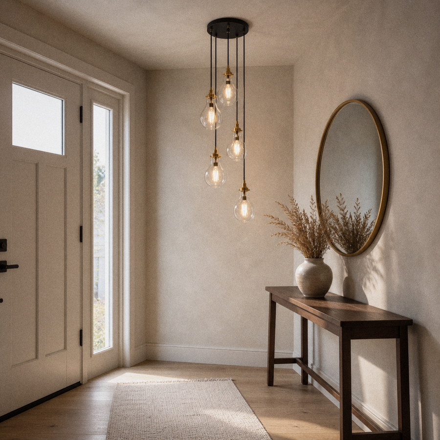 In a room | the cluster pendant lighting a console table in the entryway