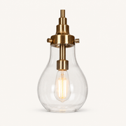 Detail | close view of one teardrop glass, brass socket, and filament bulb