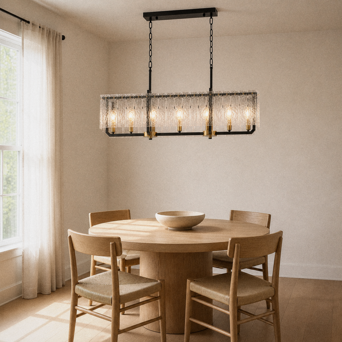 In a room | matte-black rectangular pendant with clear rippled glass glowing over a round oak dining table