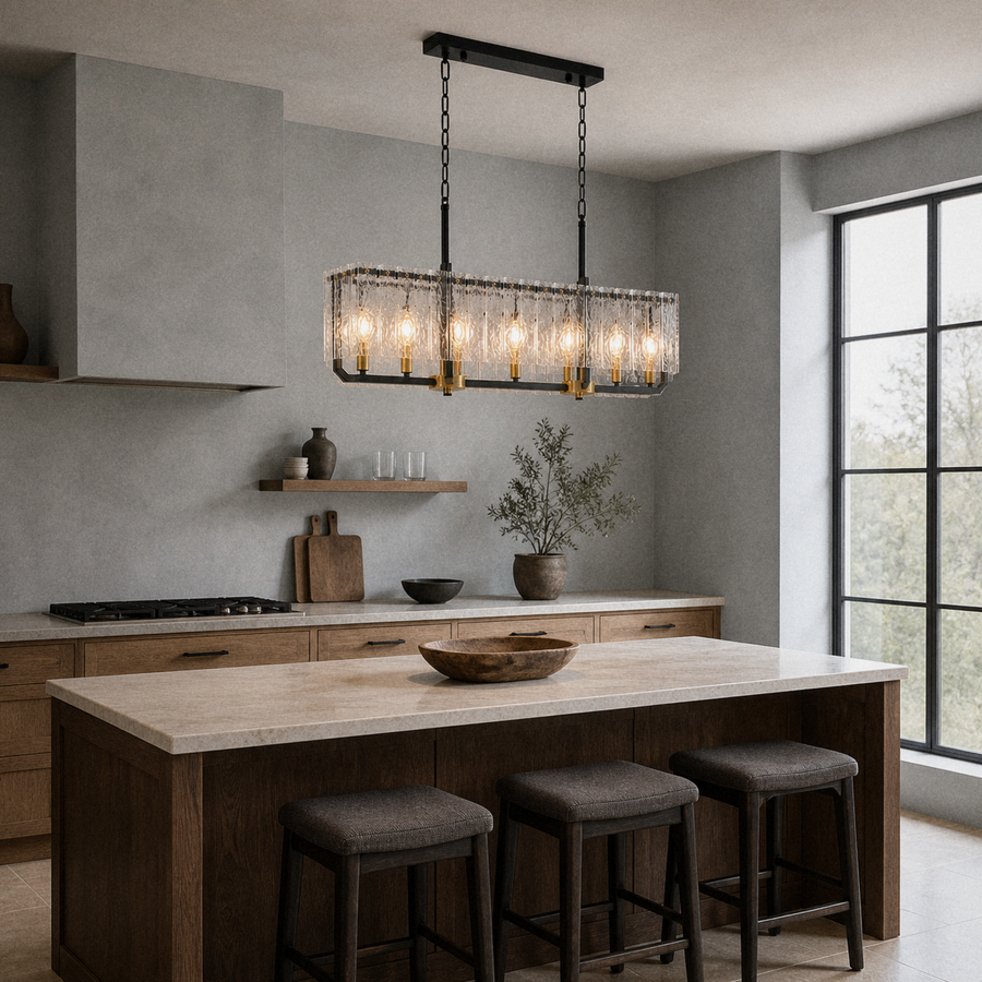 In a room | matte-black rectangular pendant over a walnut kitchen island in a cool limewash kitchen
