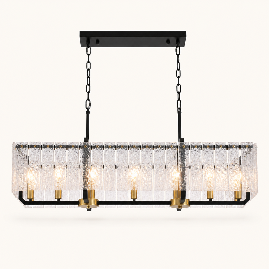 Front | seven brass sockets and clear rippled glass slats on a matte-black rectangular pendant