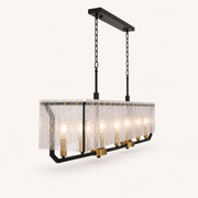 Profile | side and rear three-quarter view shows the pendant glass depth, black canopy and chains