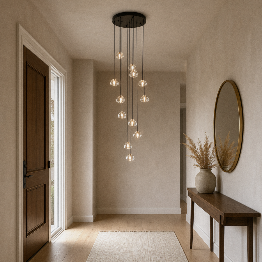In a room | black crystal pendant cluster in an entryway with a console table