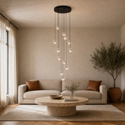In a room | black crystal pendant cluster over a living room coffee table