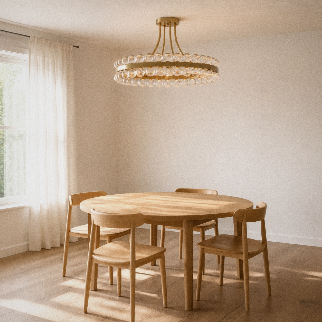 Dining room | antique brass eight-light semi-flush mount over a round wood dining table