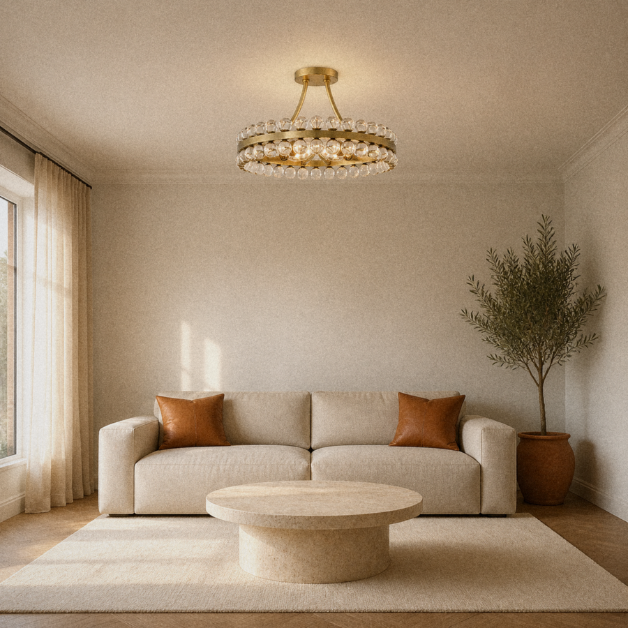Living room | antique brass crystal-ring semi-flush mount above a round stone coffee table
