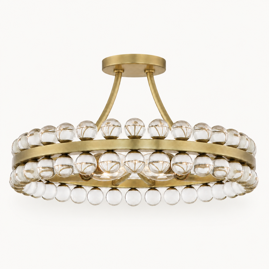 Studio front | antique brass ring with clear crystal spheres, round canopy, and curved mounting rods