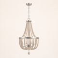 Front | studio front of a weathered white wood-bead chandelier with brushed-steel bands and chain