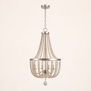 Front | studio front of a weathered white wood-bead chandelier with brushed-steel bands and chain