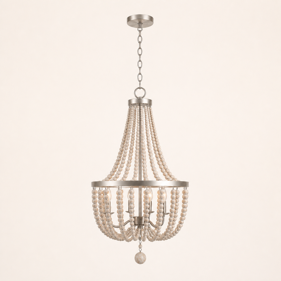 Front | studio front of a weathered white wood-bead chandelier with brushed-steel bands and chain