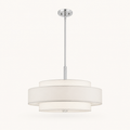 Studio front | full off-white three-drum linen-blend chandelier with chrome-tone rod and canopy