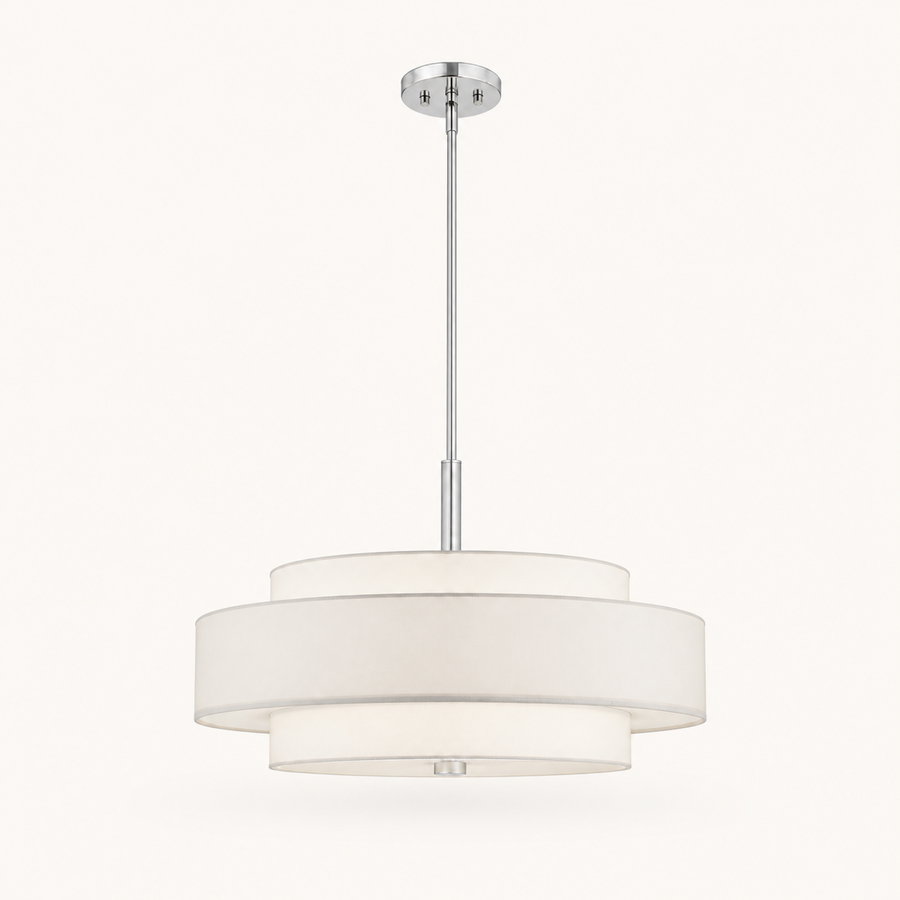 Studio front | full off-white three-drum linen-blend chandelier with chrome-tone rod and canopy